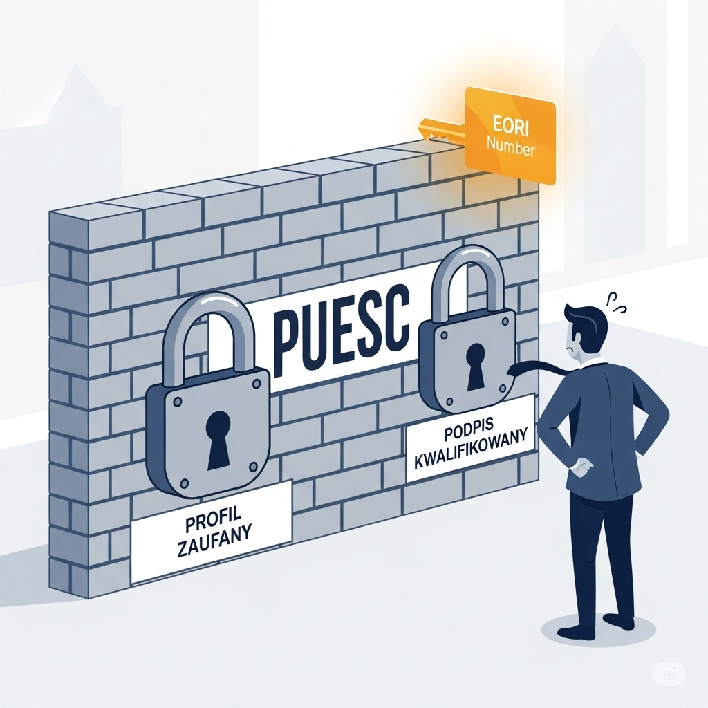 Illustration of a digital wall symbolizing the PUESC system barrier for foreigners applying for an EORI number Poland.